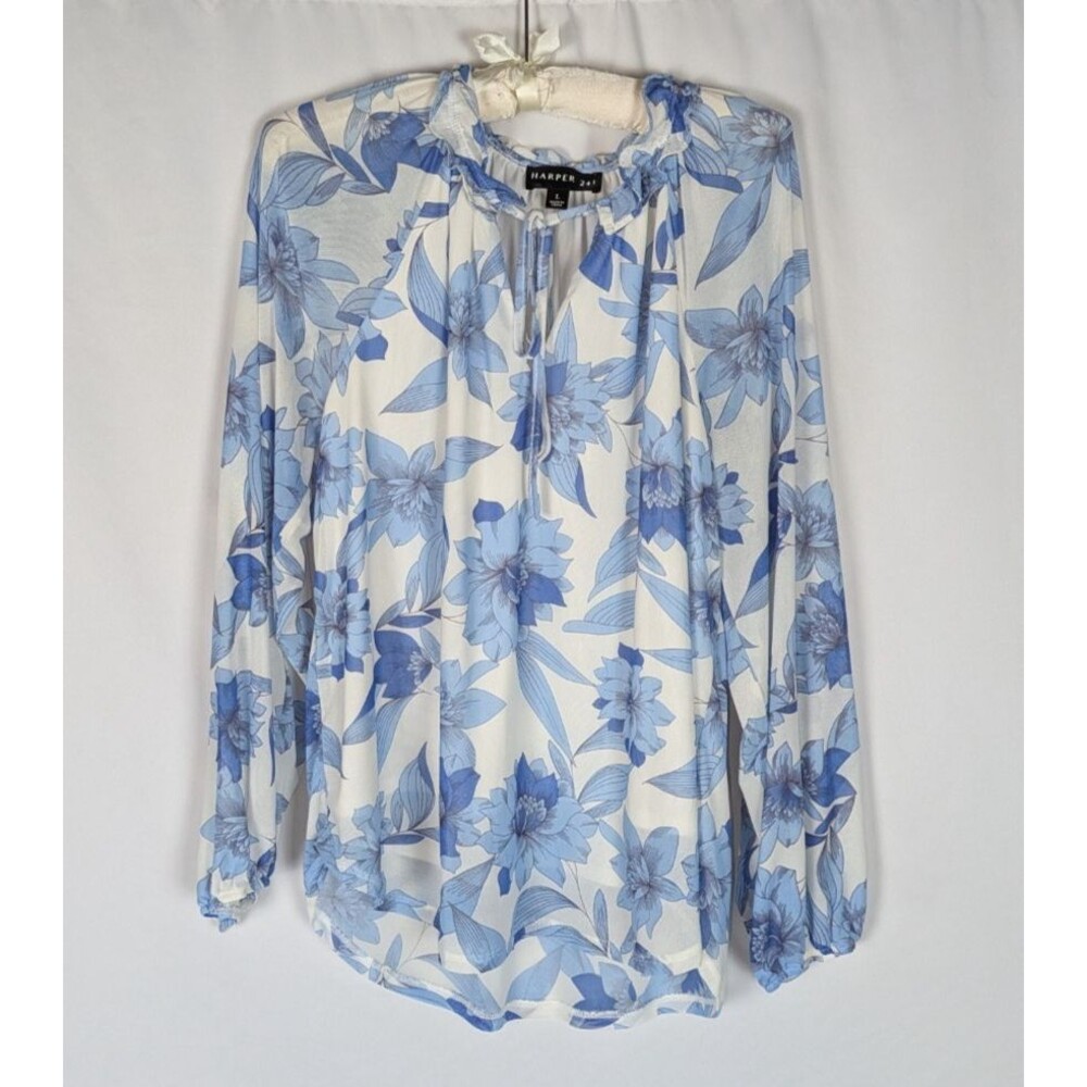 Harper 241 Blouse L Women's White Floral Sheer Long Sleeve Tie Neck Lightweight